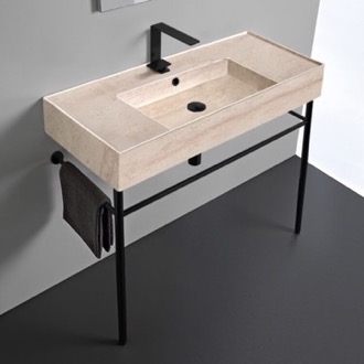 Console Bathroom Sink Beige Travertine Design Ceramic Console Sink and Matte Black Stand, 40